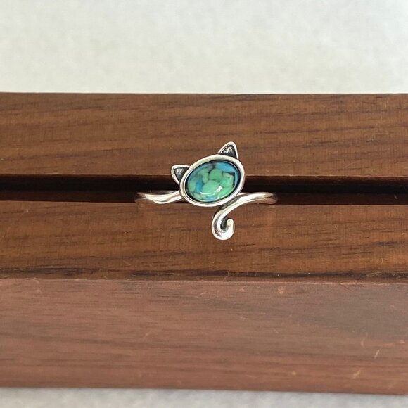 Sterling Silver 925 Turquoise Cabochon Kitty Cat Bypass Style Band Ring Sz 7 - Picture 7 of 16